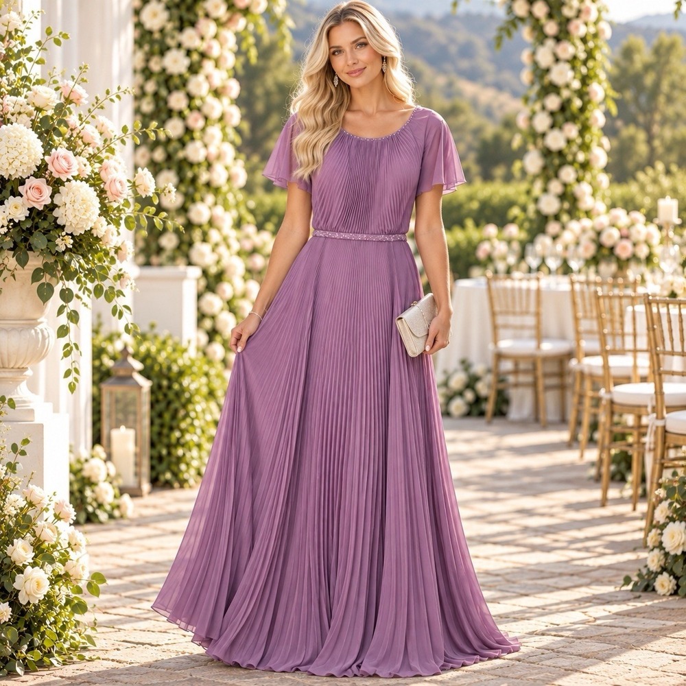 Azazie Kara A-Line Pleated Chiffon Maxi Dress Purple Beaded Bridesmaid Guest 18